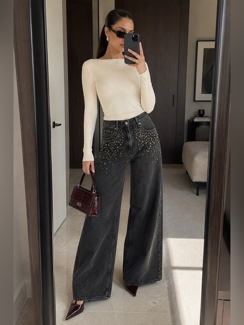 rag & bone Sofie Angelique Jewel Embellished Wide Leg Jeans Black Size 28